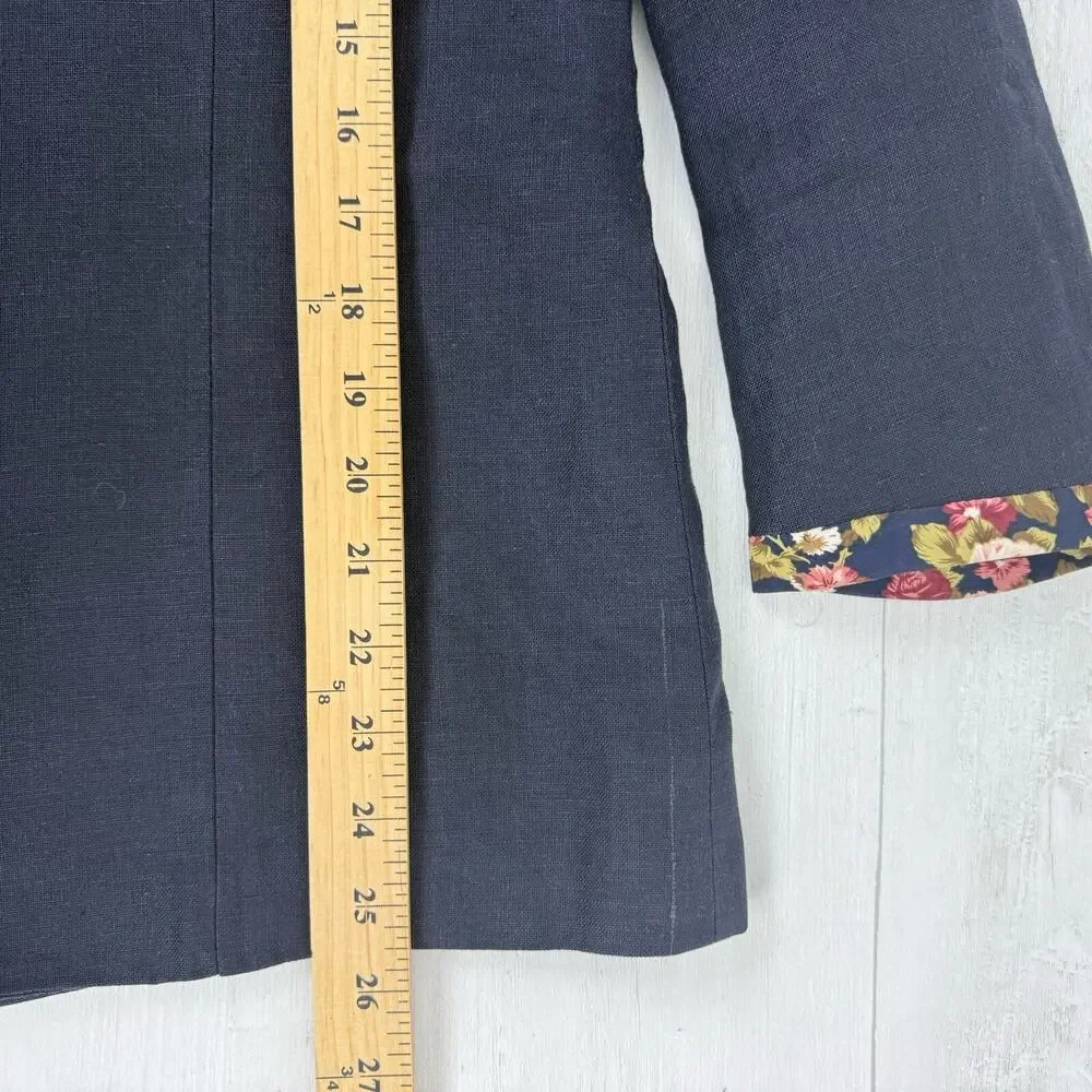Hernando Trujillo Linen Blazer Jacket Women 8 Navy Floral‎ Trim Preppy Spring